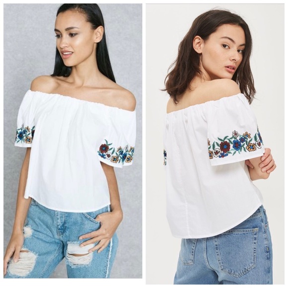 Topshop Tops - Topshop Embroidered Bardot Top